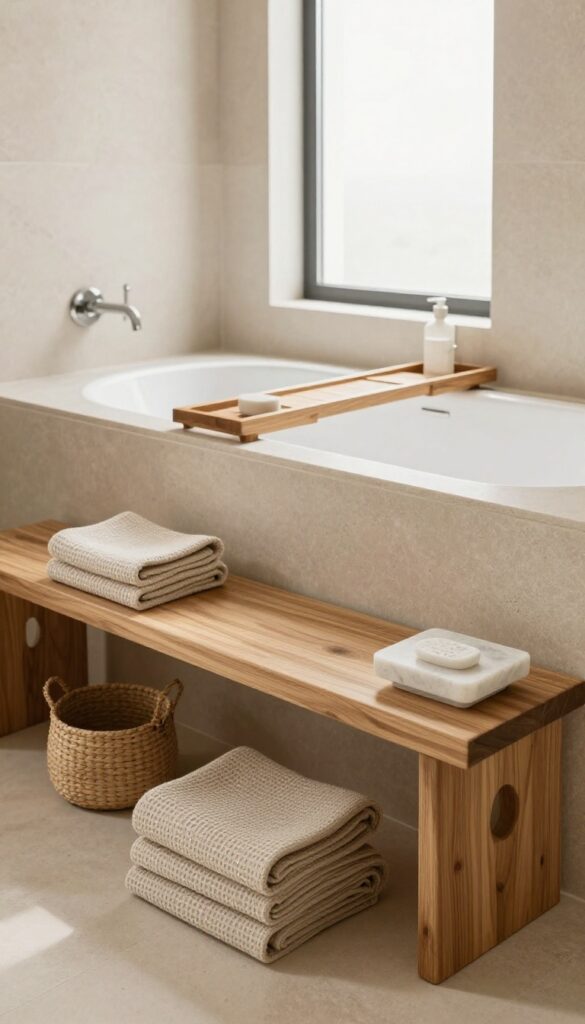 Spa-like bathroom with a teak shower bench, wooden bath tray across a freestanding tub, woven baskets, linen towels, and stone accessories in bright natural light
