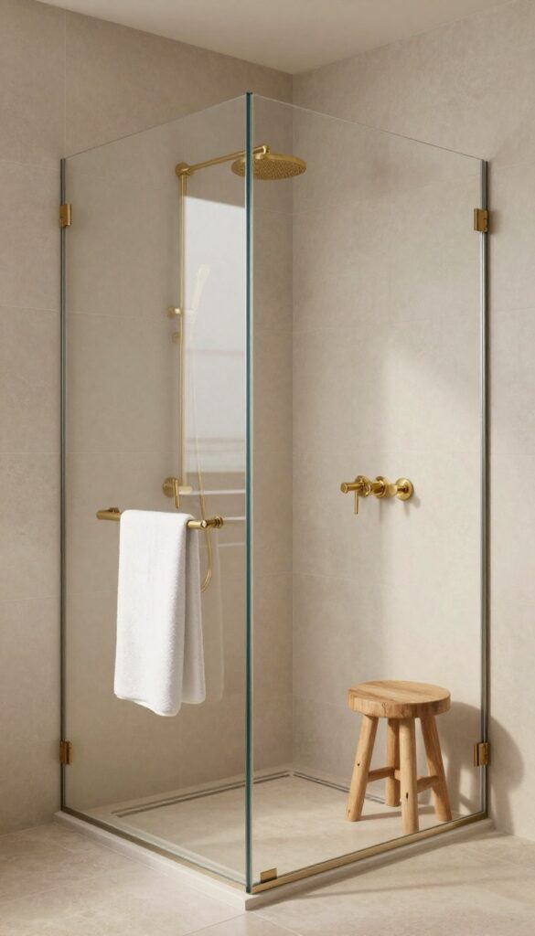 Warm neutral tile shower cubicle with beige and greige matte tiles, clear glass panel, brass fixtures, and bright natural light in a calm modern bathroom