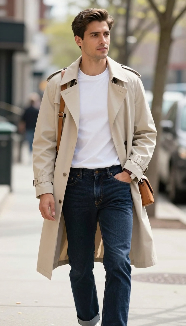 2. Beige Trench Coat with White Tee and Dark Jeans