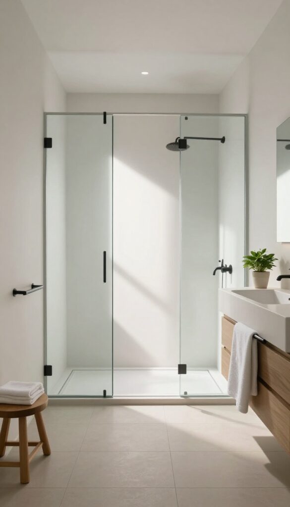 Bright small bathroom with a clear frameless glass shower panel, black hardware, and continuous light tile flooring creating an open, clean look