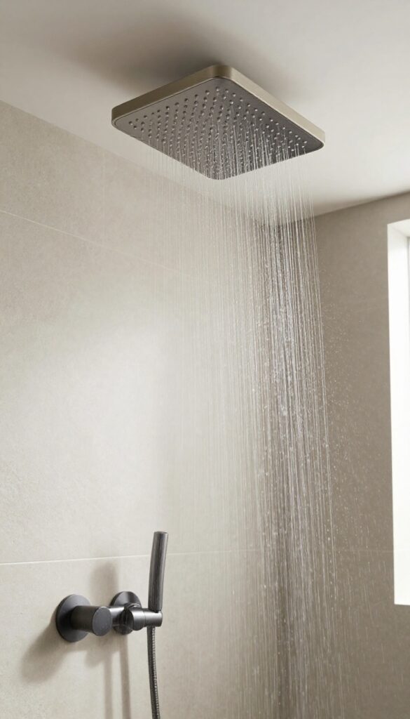 Modern spa bathroom with a wide brushed nickel rainfall showerhead mounted overhead, water falling gently like natural rain in bright natural light