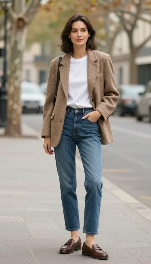 Woman in tweed jacket with slim jeans and loafers in natural light