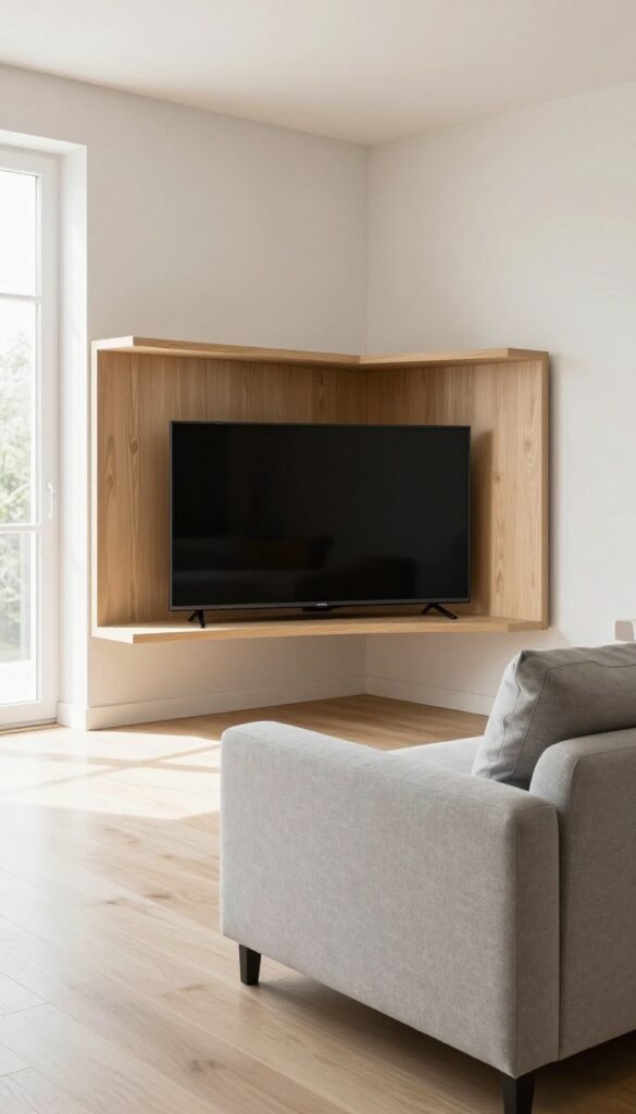 Bright small living room with a sleek angled corner TV unit and open shelves, maximizing space in a light modern interior