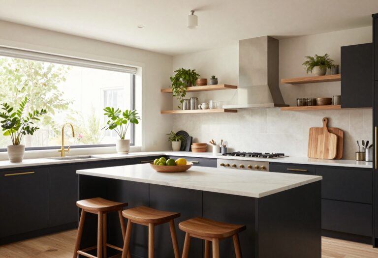 Luxe black kitchen with matte black cabinets, warm wood accents, and bright natural light