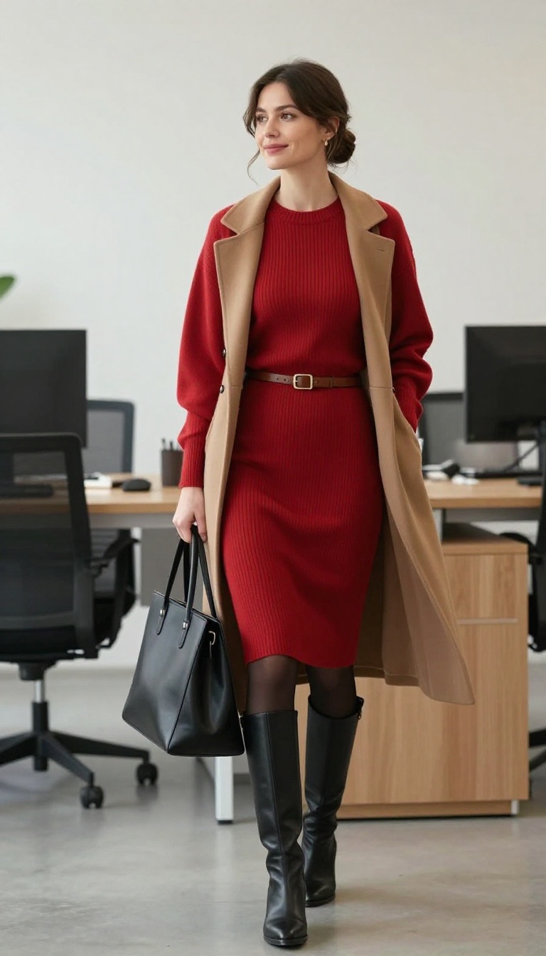 7. Red Sweater Dress with Knee-High Boots