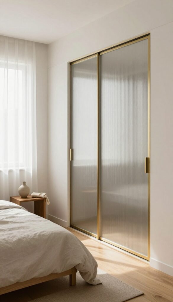 Modern compact bedroom with a sleek frosted glass sliding door wardrobe with slim brass handles beside a neatly made bed in bright natural light