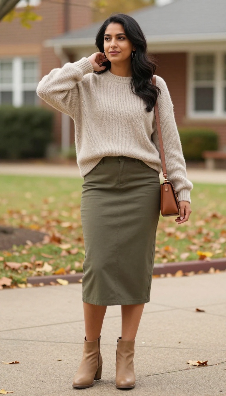 2. Olive Green Midi Skirt with a Chunky Knit