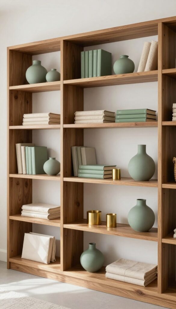 Styled living room bookcase with a loose neutral color palette of black, white, wood, brass, and a soft sage accent, with books wrapped in plain neutral paper