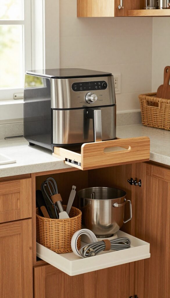 A bright kitchen cabinet with a dedicated appliance garage zone, showing an air fryer and stand mixer on a pull-out tray with neatly tied cords and a basket of accessories.