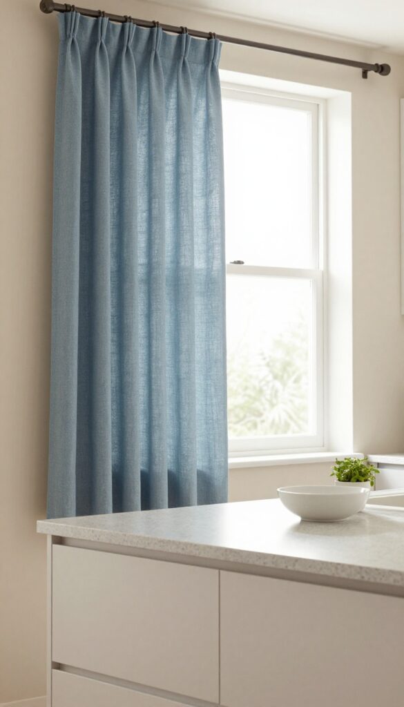 Bright neutral kitchen with soft dusty blue textured curtains hung high above the window, adding calm warmth to a white and beige space