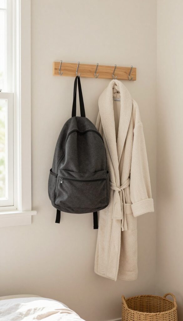 Wooden wall hook rack in a small shared bedroom holding a backpack, jacket, and robe in bright natural light