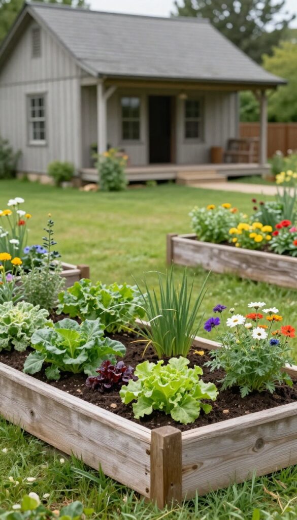 Farmhouse-inspired front yard with wooden raised garden beds filled with herbs, leafy greens, and colorful flowers in bright natural light