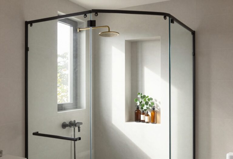 Bright modern walk-in shower with frameless glass, built-in niche, and natural light in a renovated bathroom