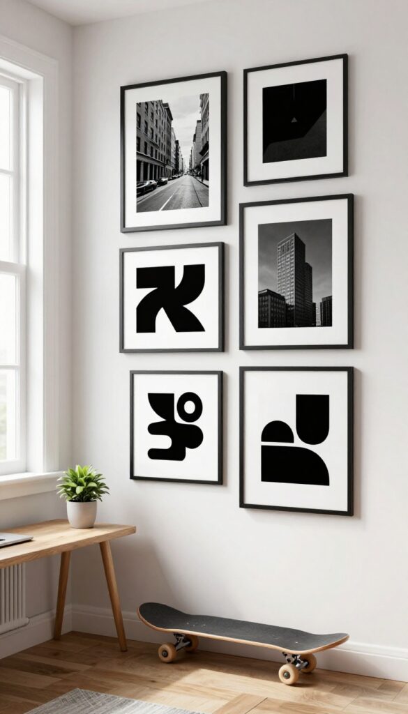 Urban gallery wall in a teenage boy's bedroom with matching black frames of city photography and abstract art above a wooden desk in bright natural light
