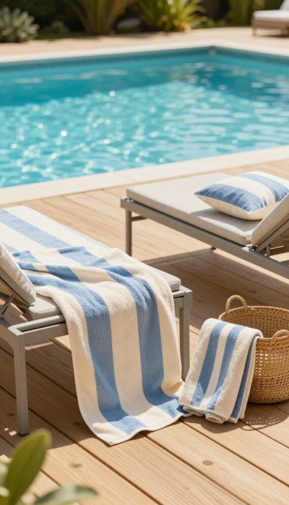 Coordinated blue and cream striped pool towels and matching throw pillows styled on lounge chairs beside a sunny backyard pool, with a woven basket of rolled towels on the deck