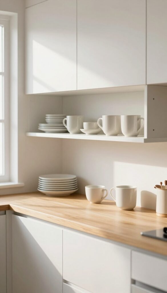 Slim white under-cabinet shelves beneath white kitchen cabinets holding mugs and small plates in a bright clean kitchen
