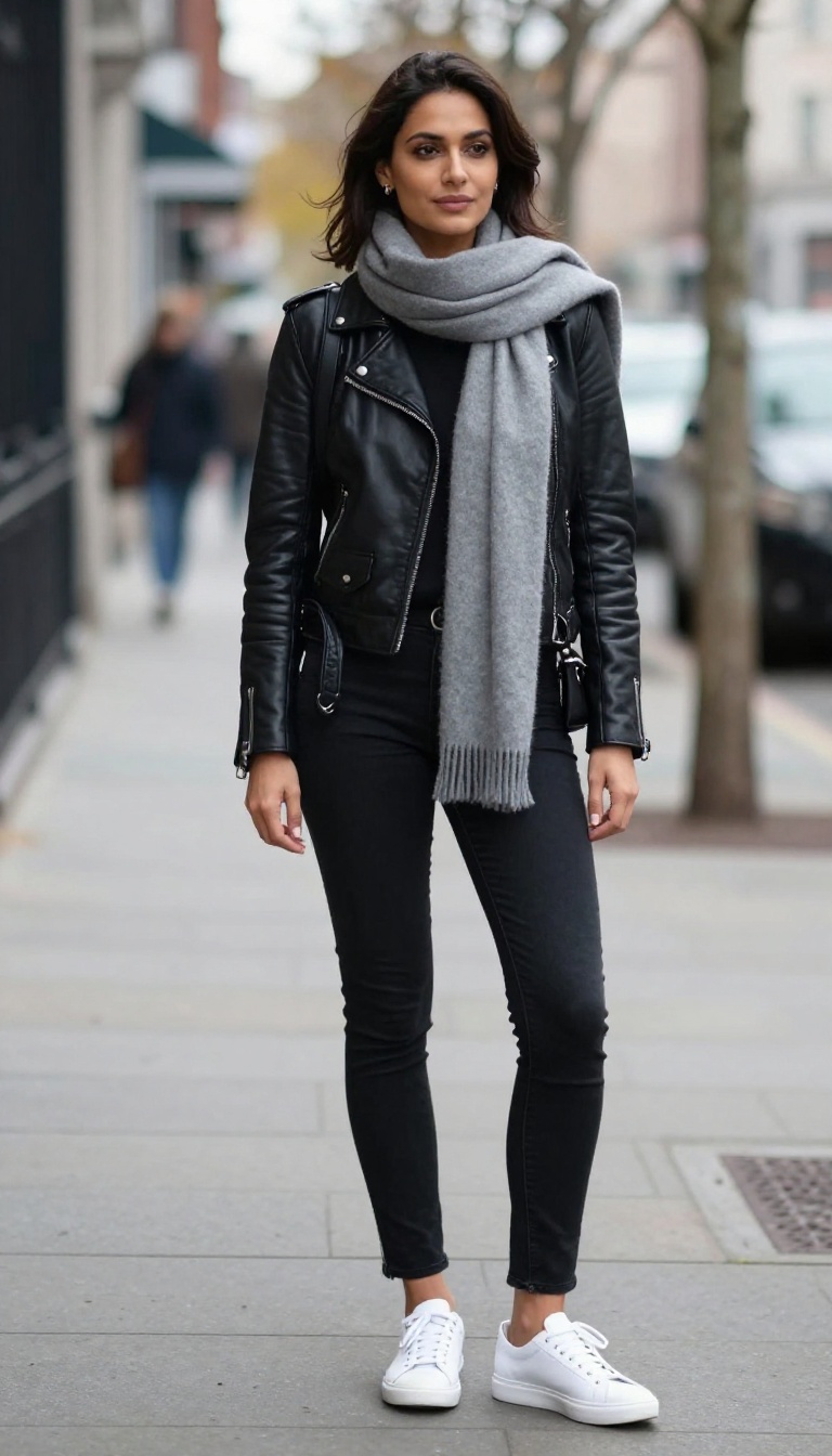 2. Black Skinny Jeans with a Leather Jacket and White Sneakers