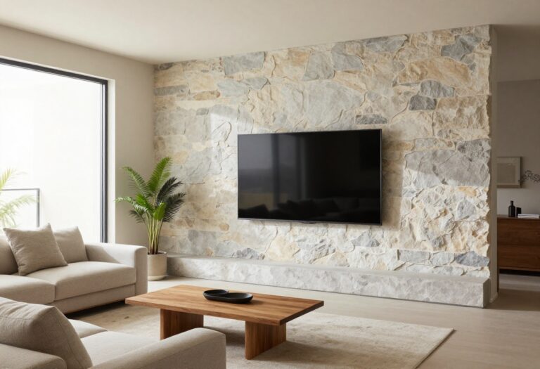Modern living room with a floor-to-ceiling stacked stone TV feature wall, mounted flat-screen TV, neutral sofa, and bright natural light
