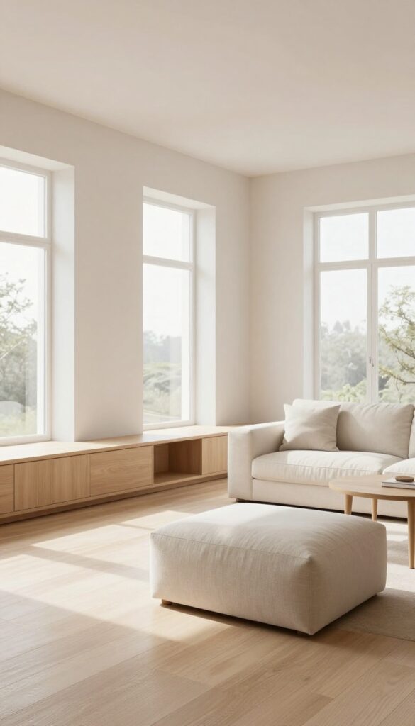 Bright open concept living room with low-profile built-in storage, closed cabinets, and a linen storage ottoman in light wood tones.