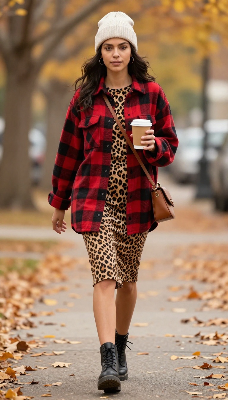 11. Leopard Skirt with a Flannel Shirt and Beanie