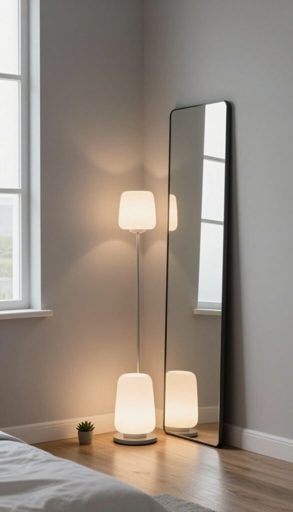 2. Corner Mirror Behind a Floor Lamp idea