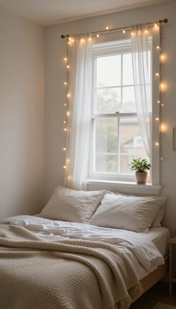 Cozy small bedroom window frame wrapped with thin warm-white fairy lights on copper wire, sheer curtains open to soft evening light, with a made bed and potted plant nearby.