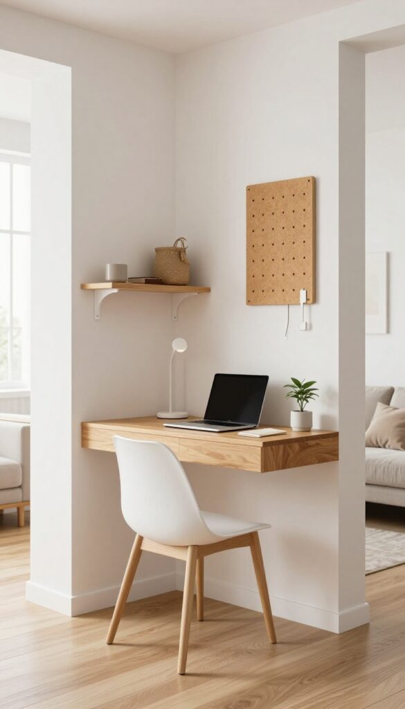 Bright living room alcove converted into a compact home office with a floating wood desk, tucked-in chair, small shelf, lamp, and plant.