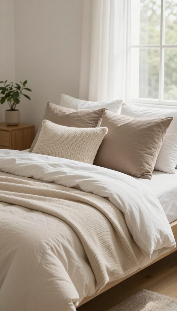 Layered neutral comforter on a cozy bed with a folded throw blanket, euro pillows, and a textured accent pillow in bright natural light.