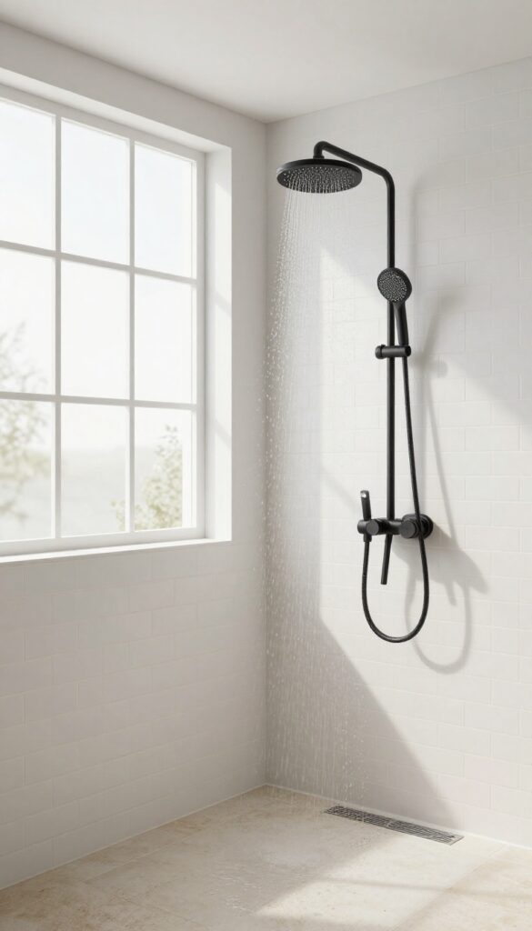 Modern bathroom shower with an overhead rainfall showerhead and a matching matte black handheld shower wand on a slide bar, lit by bright natural light.