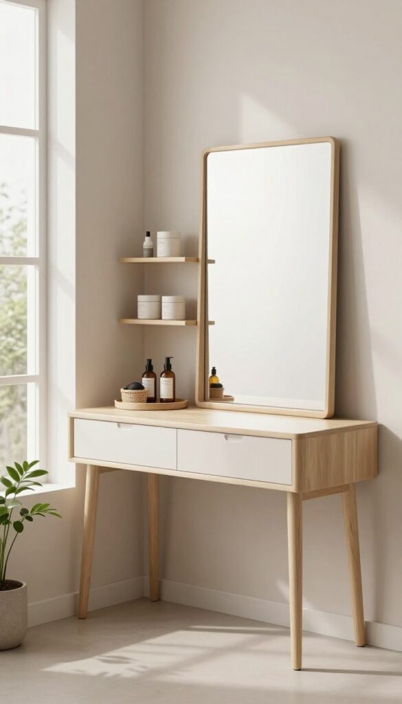 Bright modern luxury bedroom vanity with a large mirror, floating open shelves holding matching storage baskets and skincare containers, and a clean organized styling area.