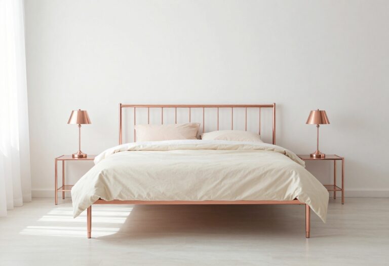 Chic modern bedroom with a minimalist rose gold bed frame, cream and blush bedding, and matching rose gold bedside lamps in bright natural light