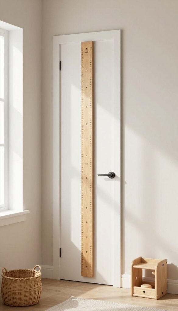 A wooden growth chart mounted on a bright bedroom wall near a doorway, styled with minimal decor and natural light.