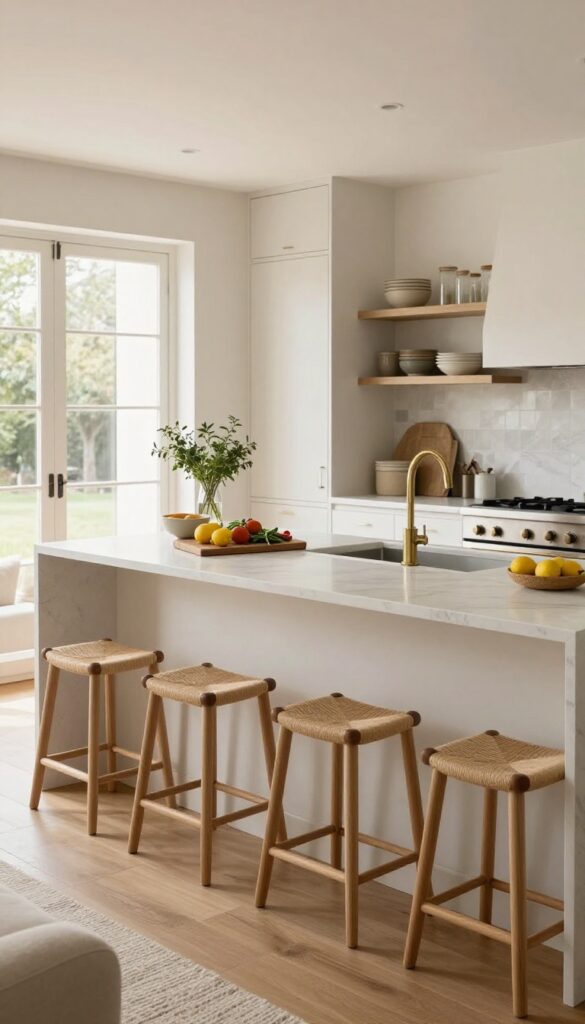 Bright open-concept kitchen with a large white quartz island, deep drawers, brass faucet, three wooden bar stools, fresh produce, and sunlight streaming through large windows separating the kitchen from a cozy living area.