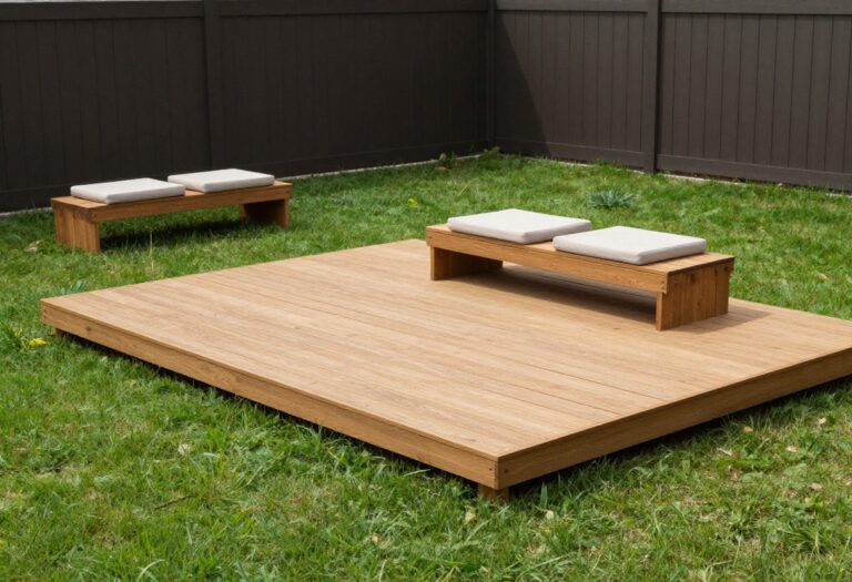 Low ground-level floating platform deck in a small backyard with warm cedar boards, neutral outdoor seating, and bright natural light