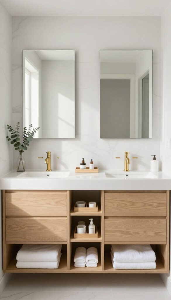 Bright symmetrical double sink bathroom vanity with his and hers drawer stacks, brass faucets, and organized storage in a clean spa-like bathroom.