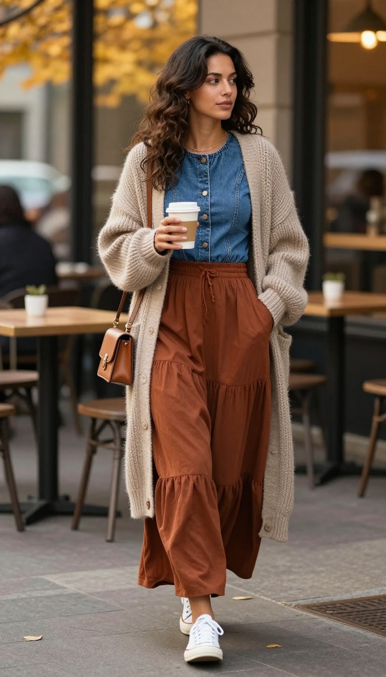 2. Denim Corset + Tiered Maxi Skirt + Chunky Knit Cardigan