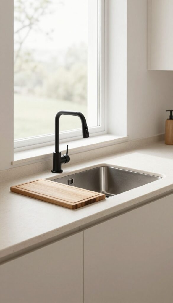 Bright narrow kitchen counter with a deep single-bowl stainless steel sink, matte black pull-down faucet, sink grid, and wooden cutting board cover creating extra prep space.