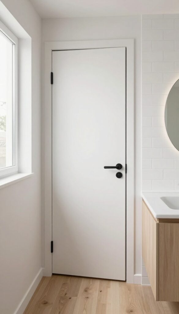 Narrow hallway bathroom with a white surface-mounted sliding door on a smooth track, opening to reveal a compact sink area and clear floor space in bright natural light.