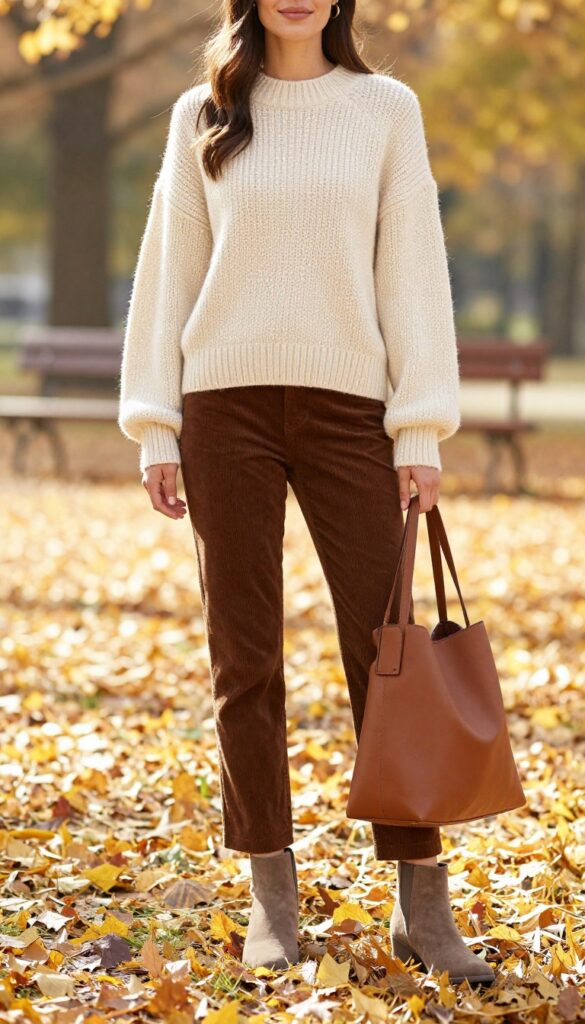 Woman wearing a cream chunky knit sweater with brown corduroy pants, suede ankle boots, and a cognac leather tote bag in an autumn park.