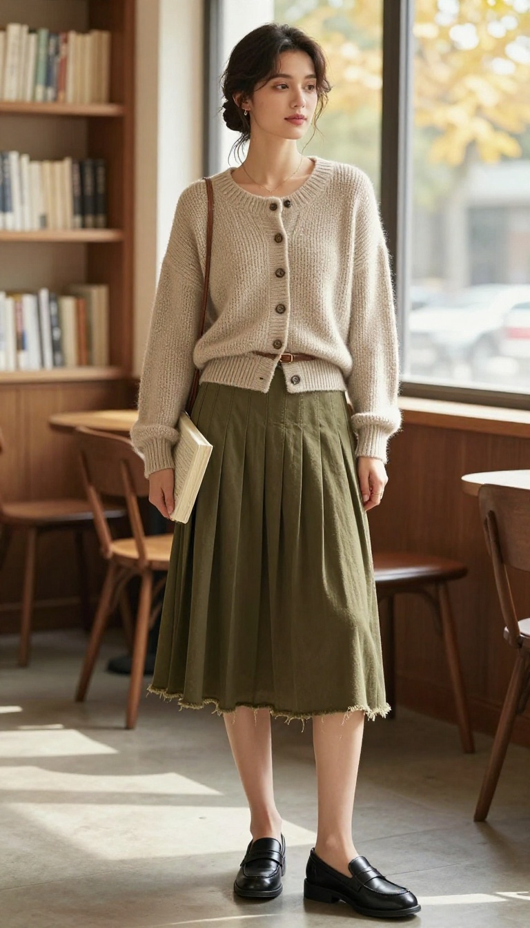6. Distressed Pleated Skirt with a Chunky Cardigan and Loafers