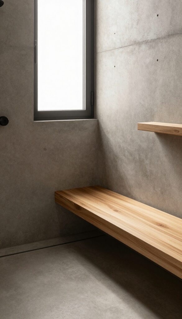 Modern concrete shower with warm wood accents including a floating teak bench and corner shelf in bright natural light