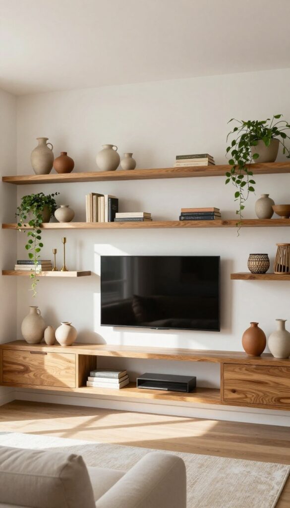 Bright living room with an open shelving entertainment wall, floating wood shelves styled with plants, books, vases, and baskets around a mounted flat-screen TV in natural daylight.