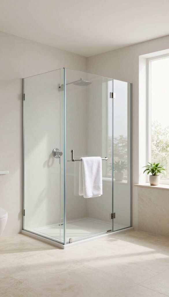Bright modern bathroom with a frameless clear glass shower enclosure and open natural light