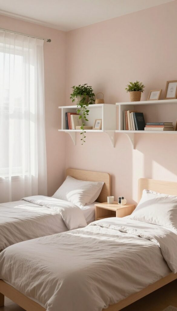 Bright small shared bedroom with two white floating wall shelves above twin beds holding books, baskets, a plant, and framed photos, keeping the floor open and tidy.