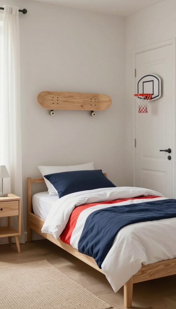 Bright boys bedroom with sports-inspired decor including athletic striped bedding, a wall-mounted skateboard, and a small basketball hoop on the door, styled with neutral furniture and natural light.