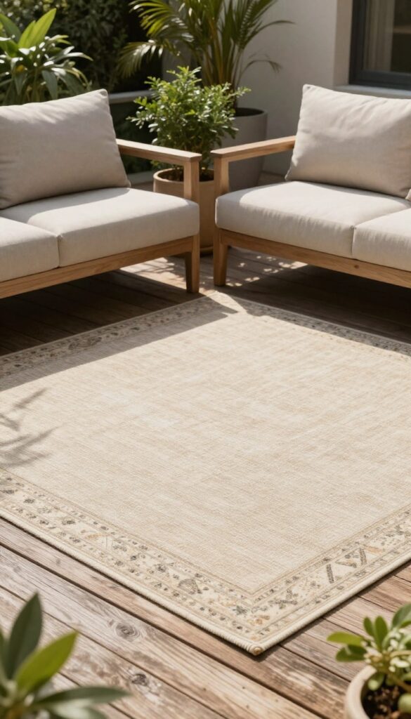 Layered neutral and muted patterned outdoor rugs defining a cozy back deck seating area in bright natural light