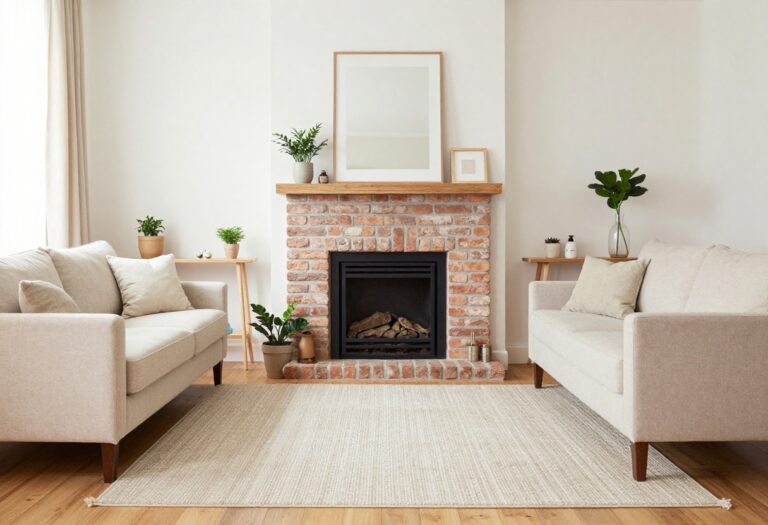 Bright small living room with a brick fireplace and a floated light sofa anchored by a textured rug