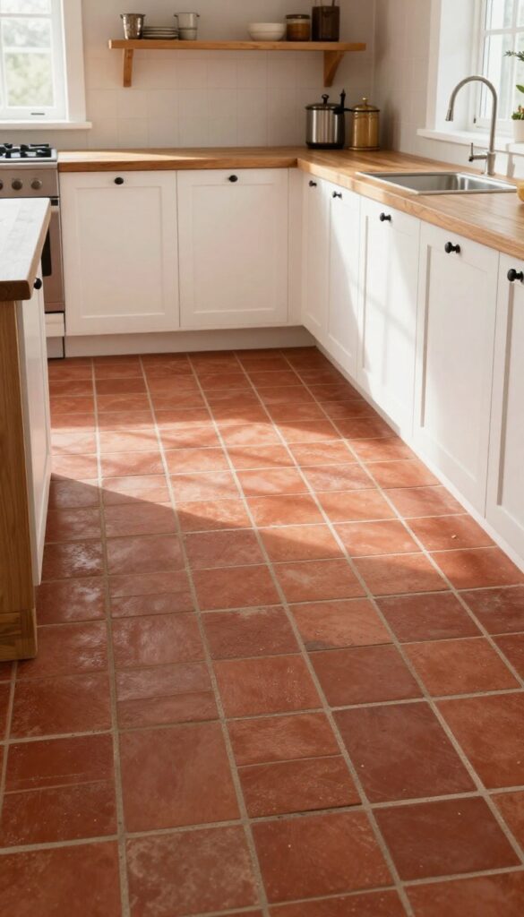 Warm rustic kitchen with terracotta brick-style tile flooring in a staggered pattern, white cabinets, wood countertops, open shelves, and bright natural light.