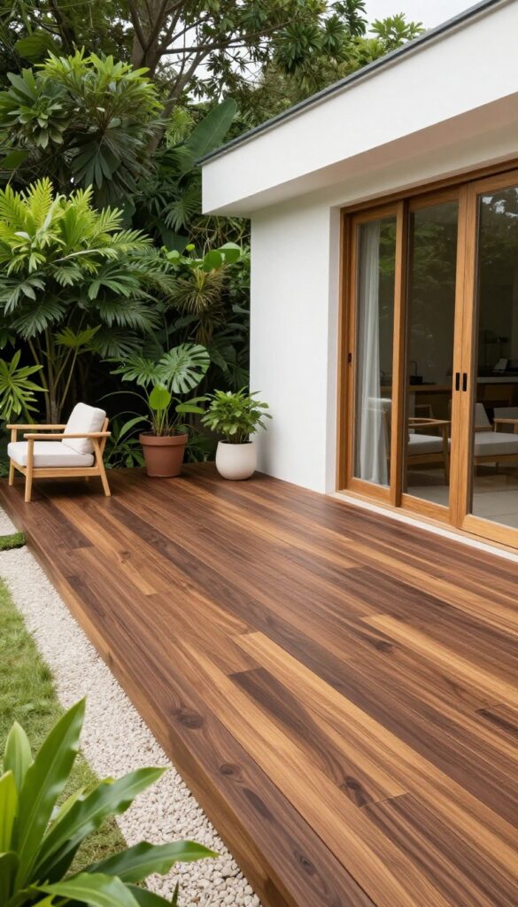 Freshly stained espresso brown wooden deck with dark planks, light wood furniture, white textiles, and green potted plants in bright natural daylight