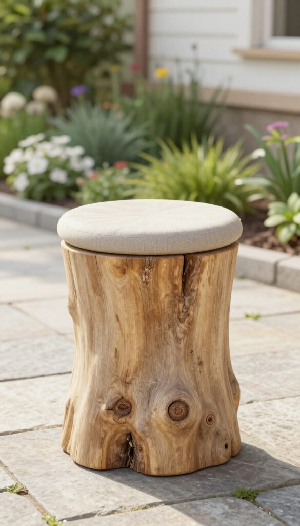 A smooth sealed tree stump in a cottage front yard used as a natural stool with a neutral cushion beside a pathway and flower beds in bright natural light.